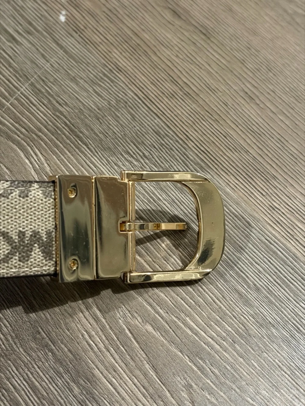 Michael Kors Beige Monogram Leather Logo Belt with Gold Buckle